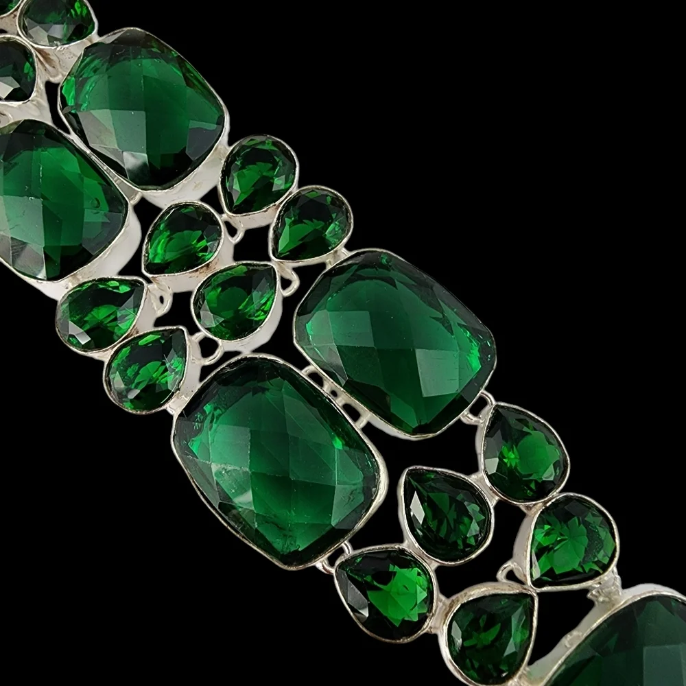 Green faceted glass silver bracelet chunky statement bracelet
